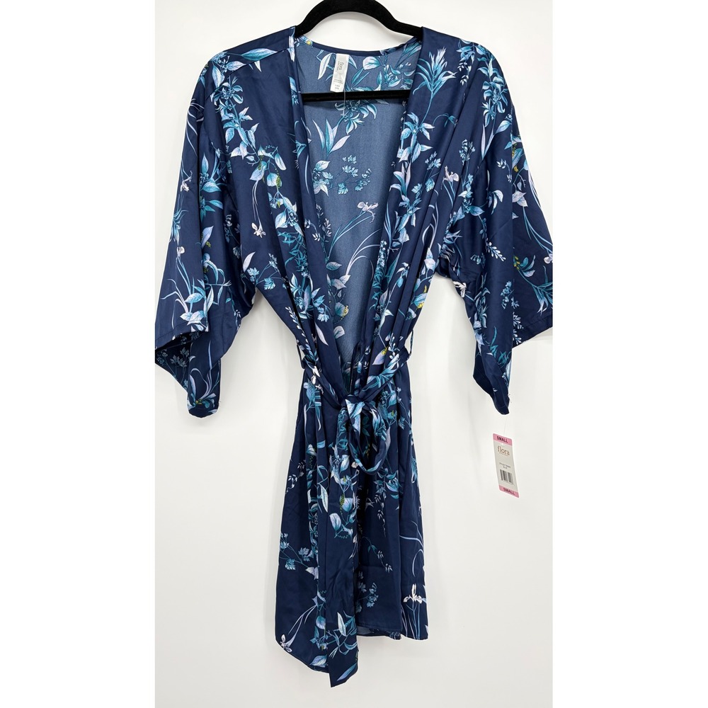 Flora Women's Floral Kimono Robe Navy Blue Tie Waist Lightweight NWT Small